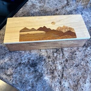 Amish Made lined Wooden Pencil Box Storage Box mountain scene